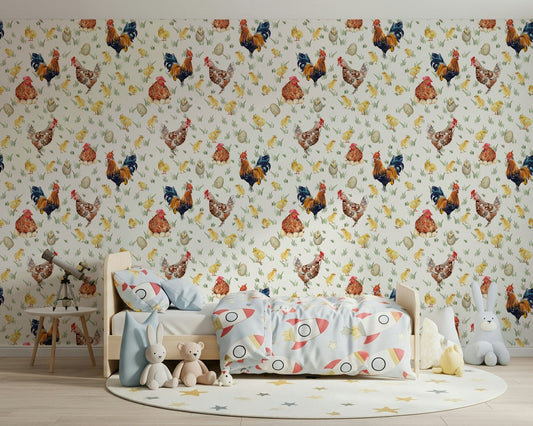 Cute Watercolor Chicken Coop wallpaper with small chickens.