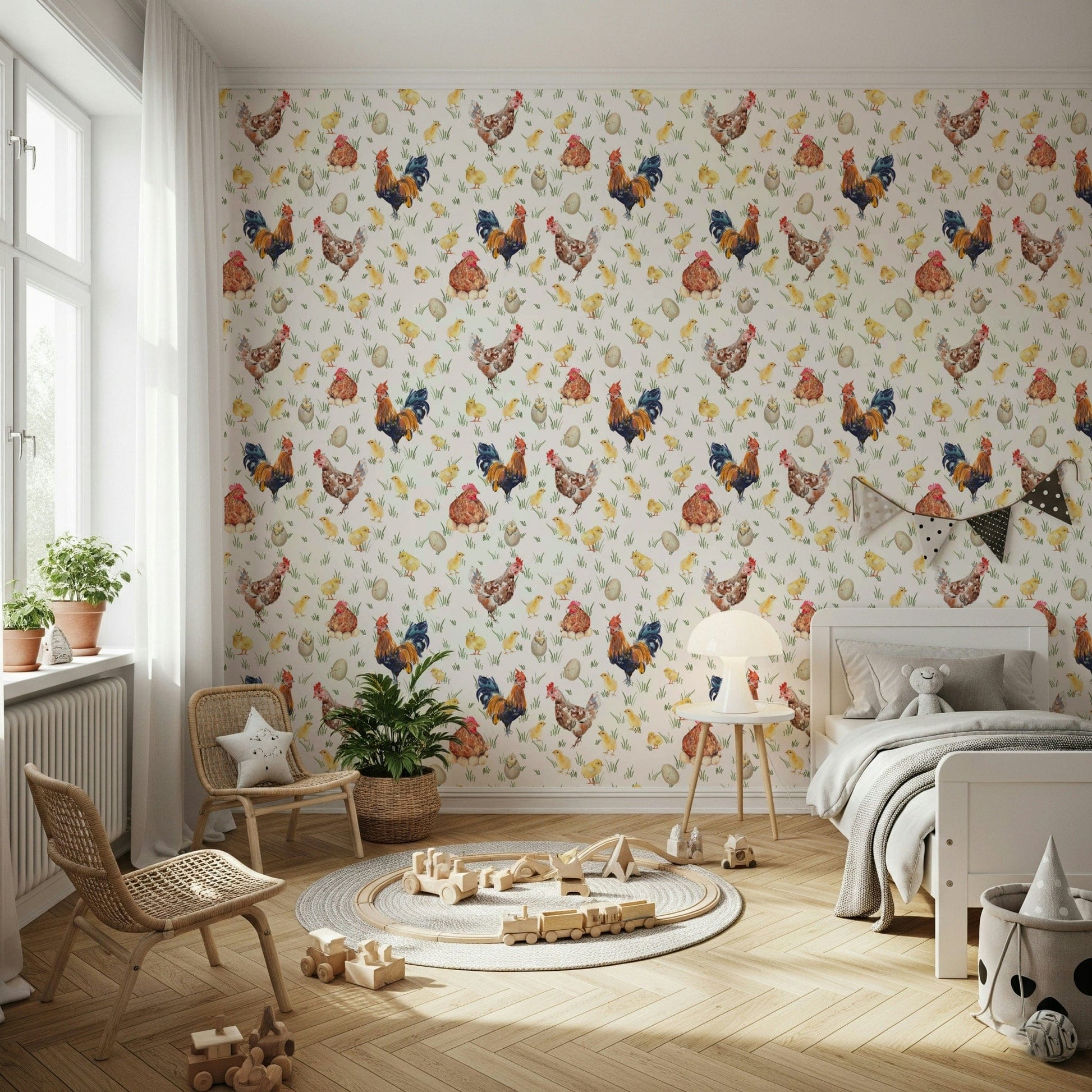 Adorable Watercolor Chicken Coop wall graphic poultry scene.