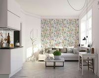 Close-up of watercolor-style blooms and leaves in a vintage pattern.

