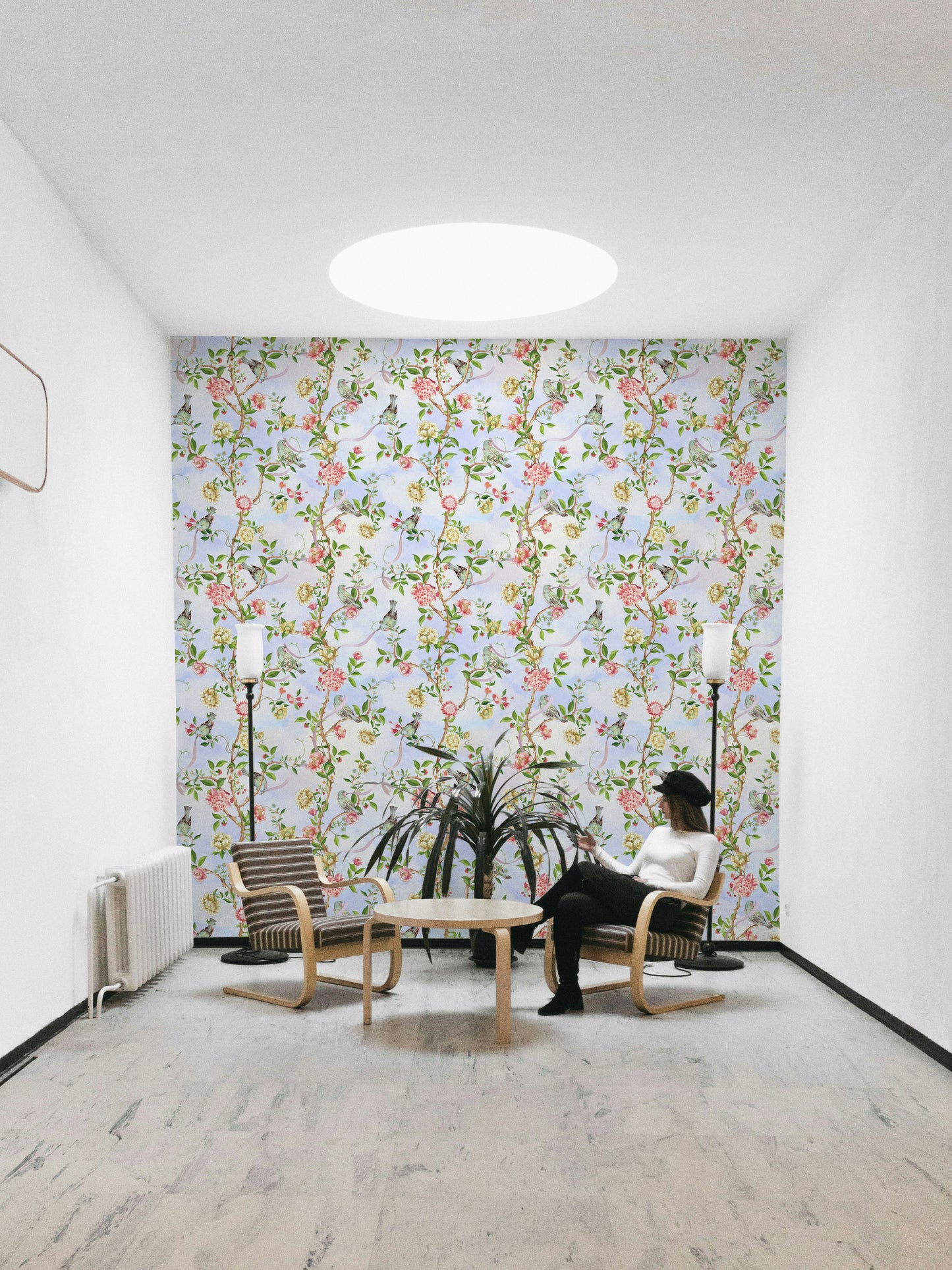 Traditional chinoiserie floral design in soft watercolors.

