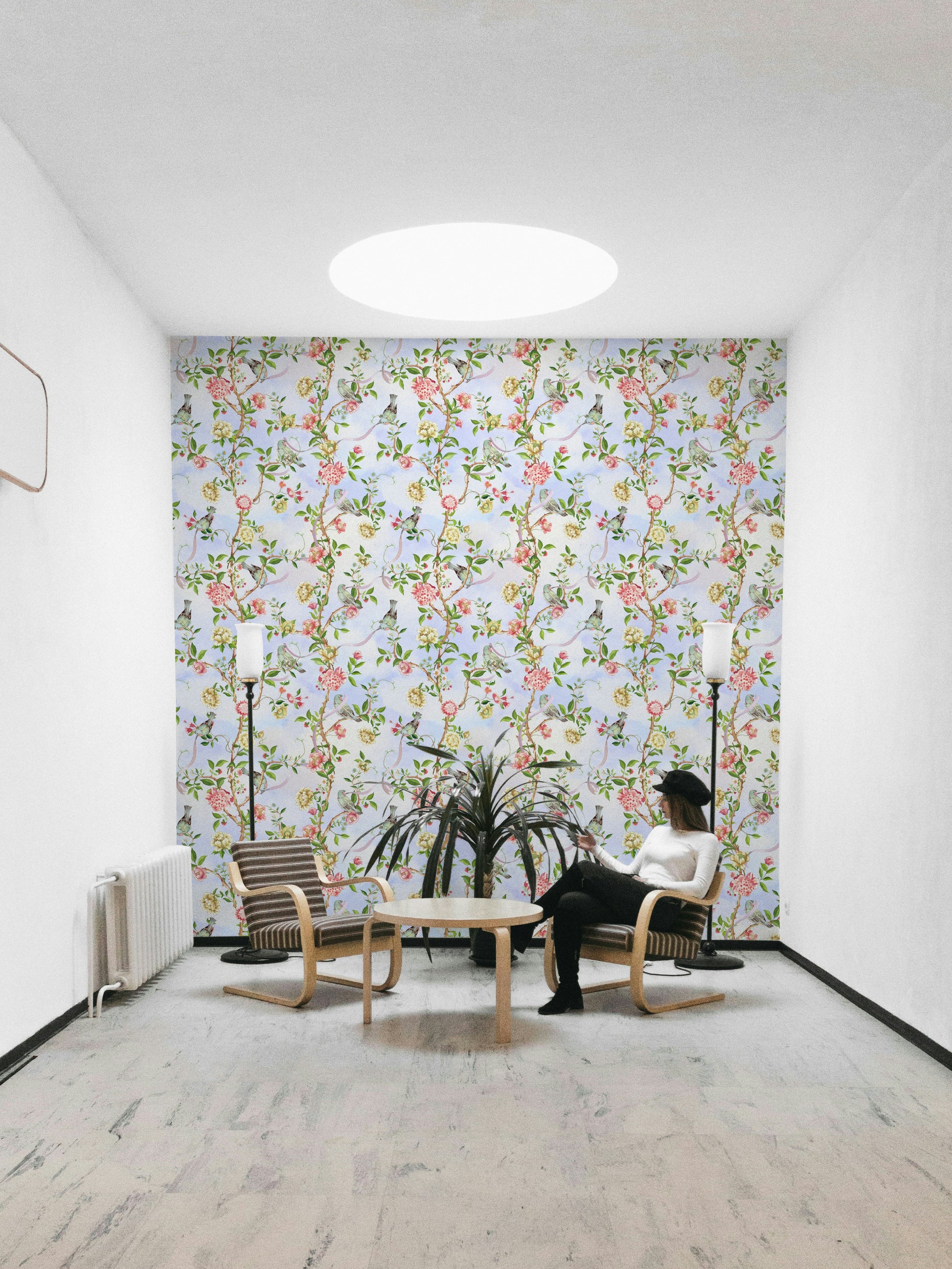 Traditional chinoiserie floral design in soft watercolors.


