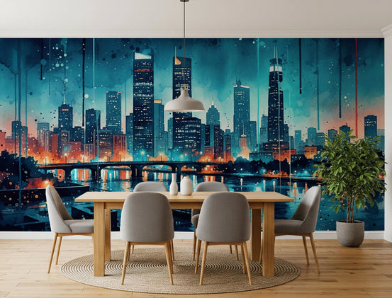Watercolor Cityscape mural of a teal skyline and river behind a wood dining table with grey chairs