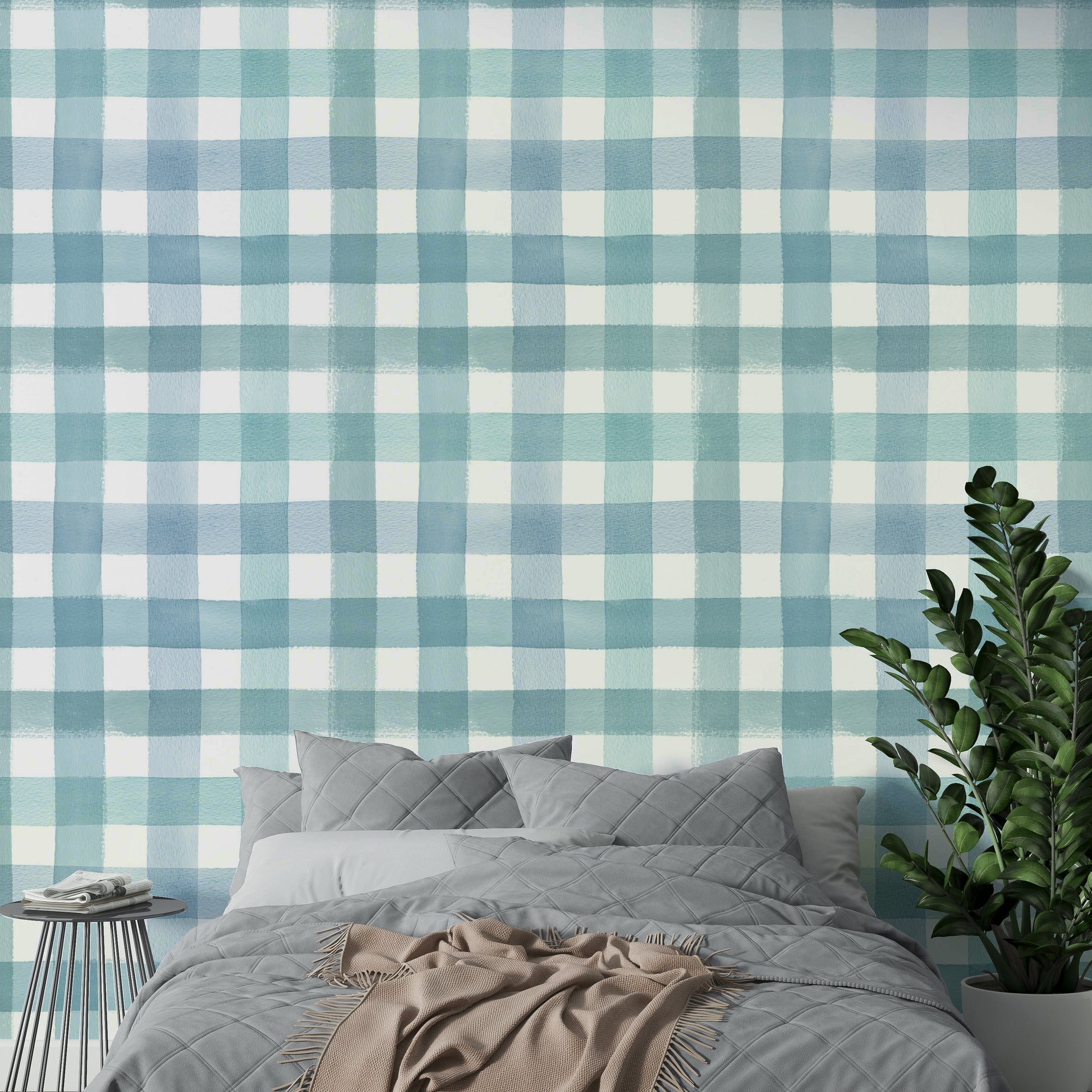 Close-up of watercolor blue gingham squares in a fresh layout.

