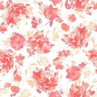 Wallpaper with delicate peach and coral roses on a white base.

