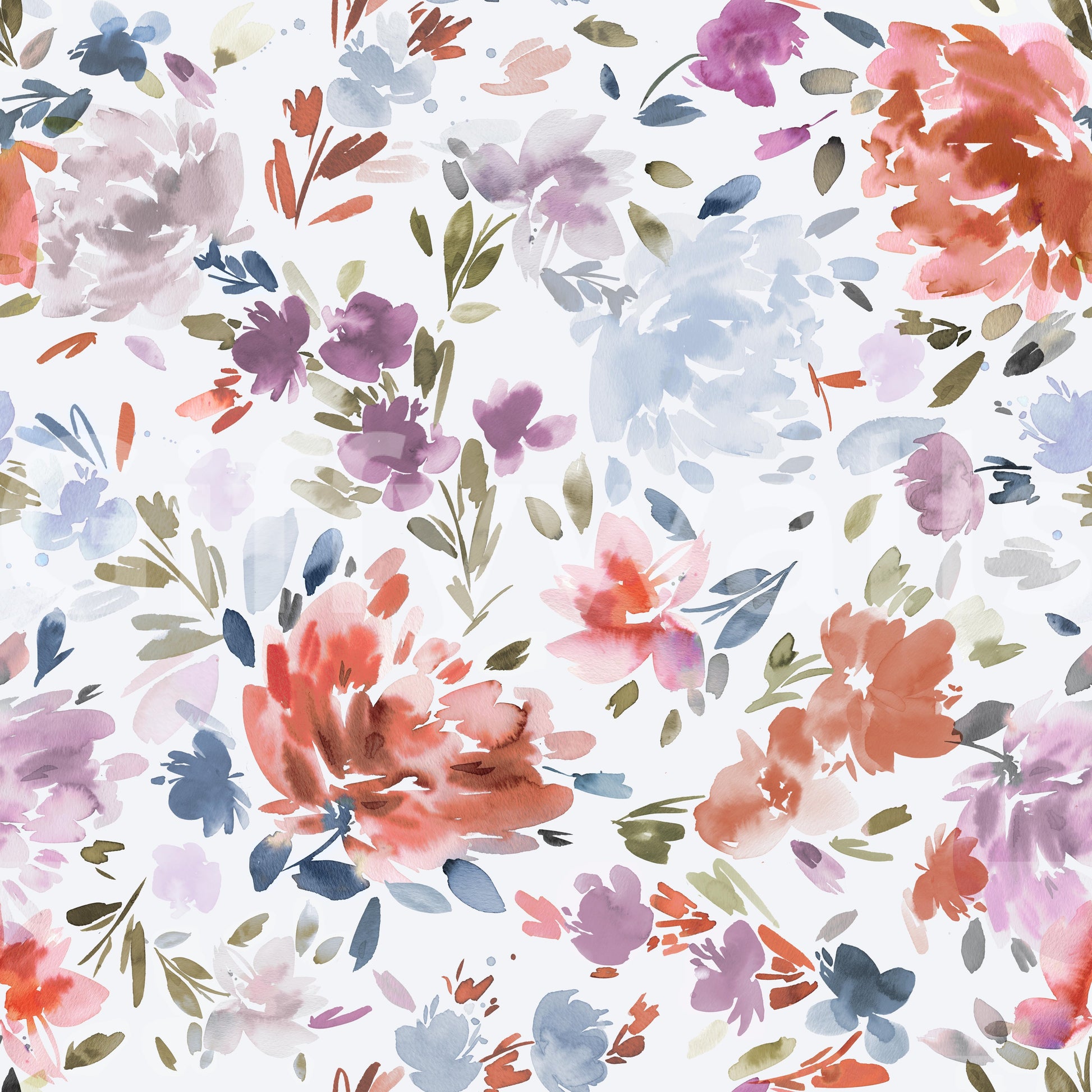 Romantic floral mural with deep red roses and gentle blue accents.

