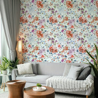 Artistic mural with red and blue roses on a light watercolor background.

