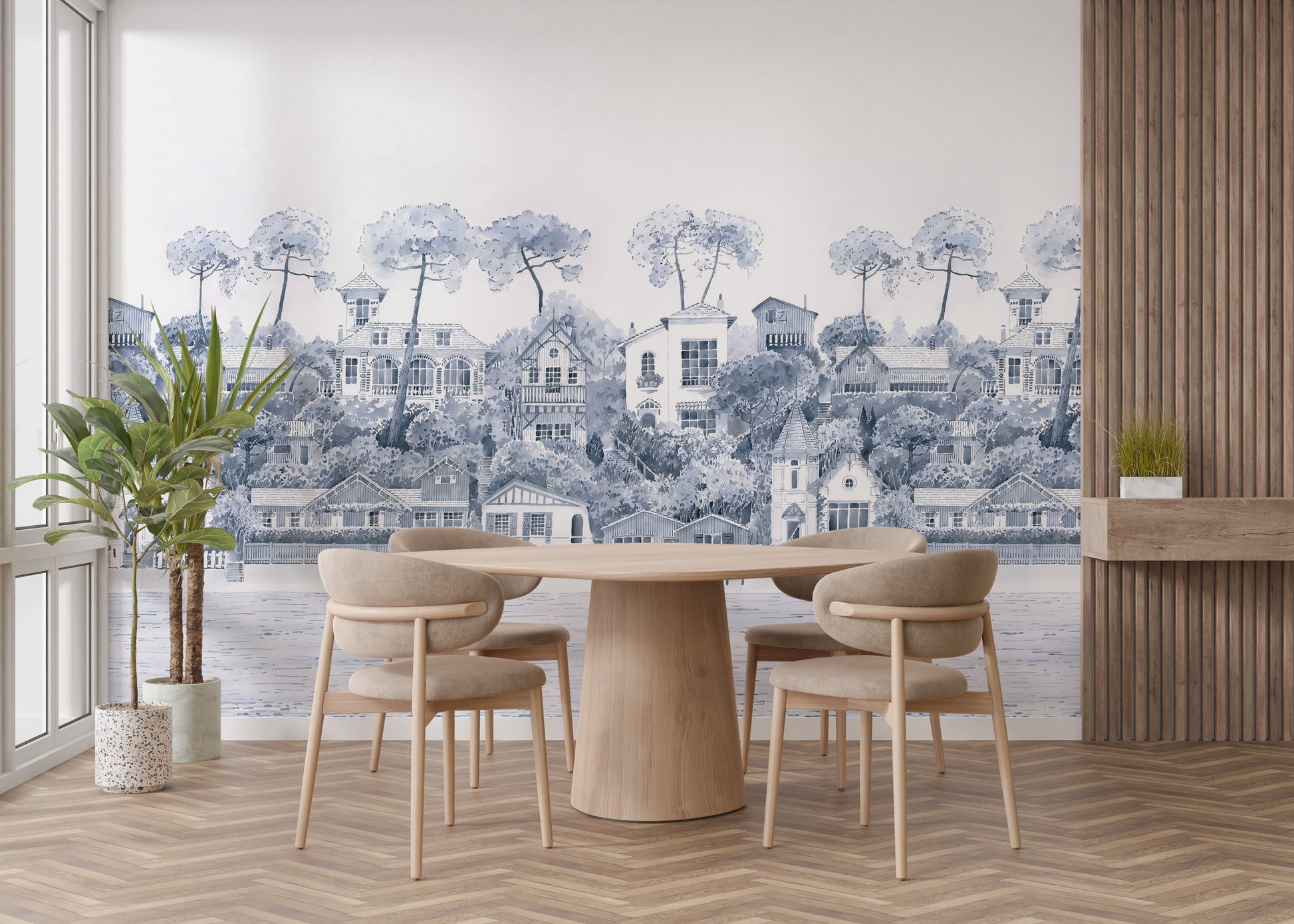 Picturesque coastal village in watercolor wallpaper