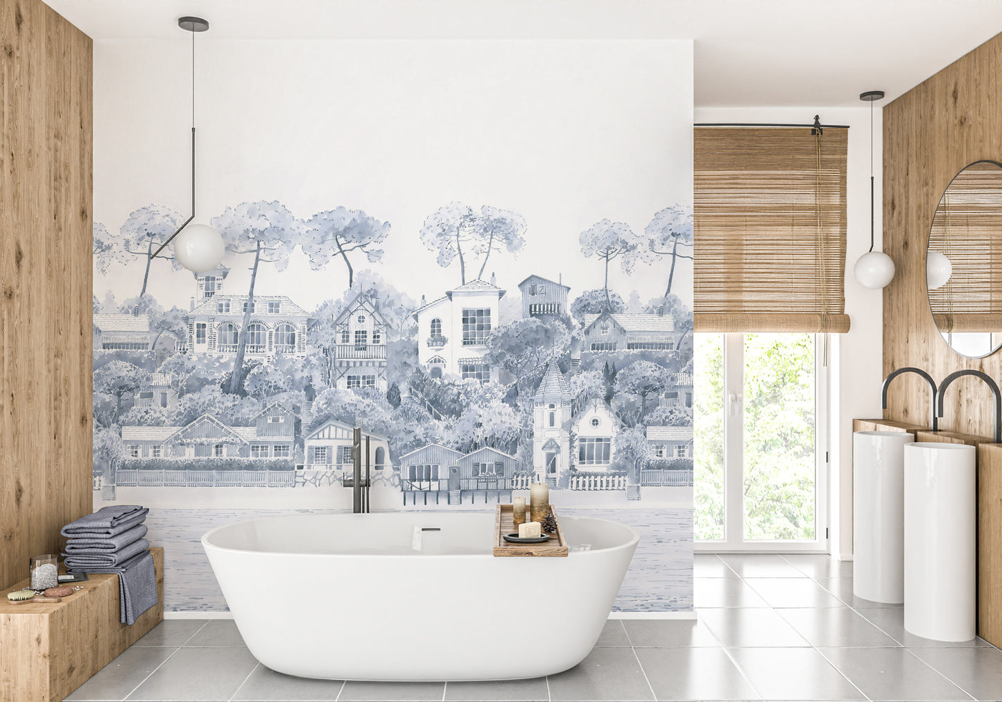 Dreamy watercolor mural of coastal scenes