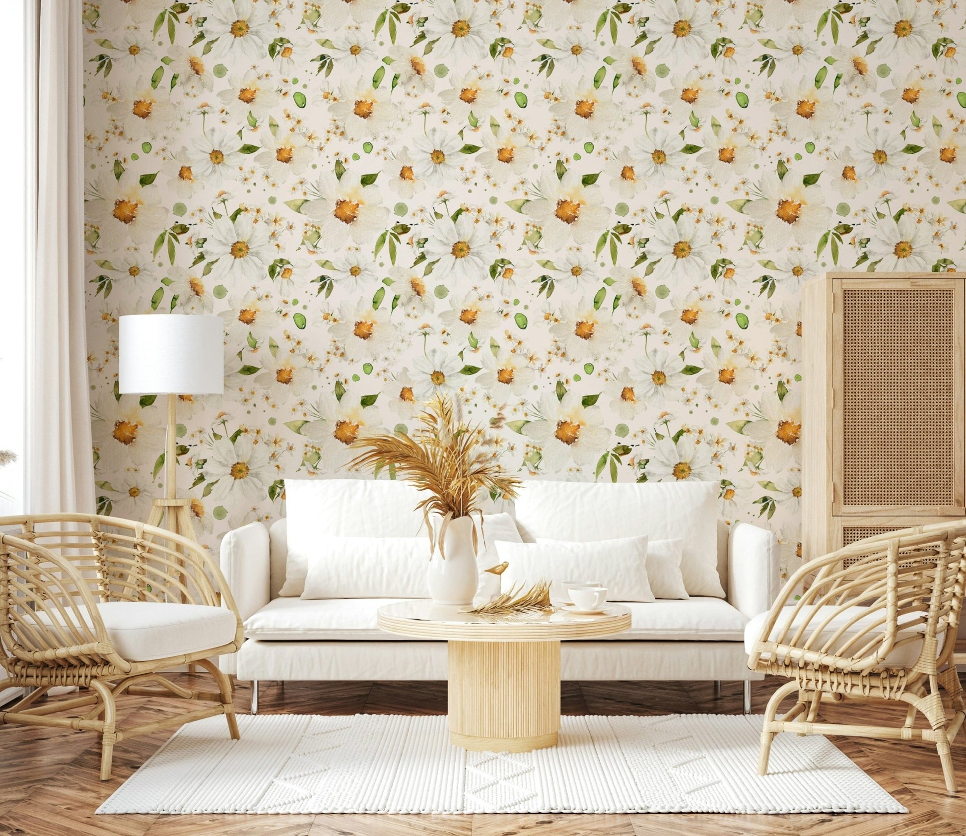 Watercolor Daisy Dreams decorative wallpaper for interior space.