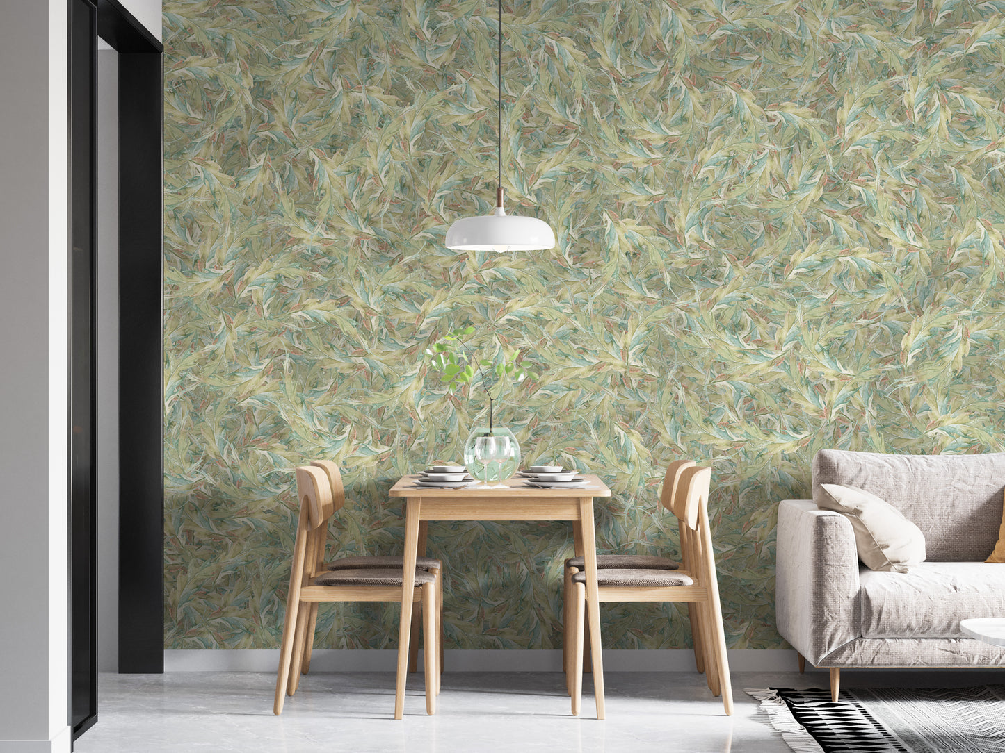 Watercolor Dancing Green Leaf wallpaper mural in a dining nook with a wooden table, chairs and grey sofa