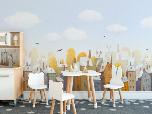 Watercolor city view mural for modern interiors
