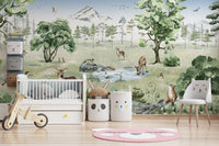 Watercolor deer wallpaper mural with forest and summer vibe