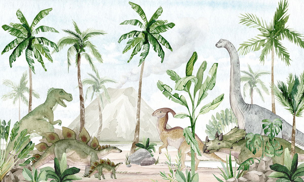 Watercolor Dinosaur Forest Wallpaper in your room
