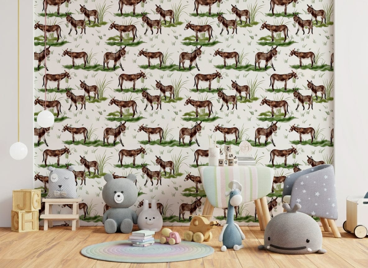 Watercolor Donkeys wall mural for a nursery.