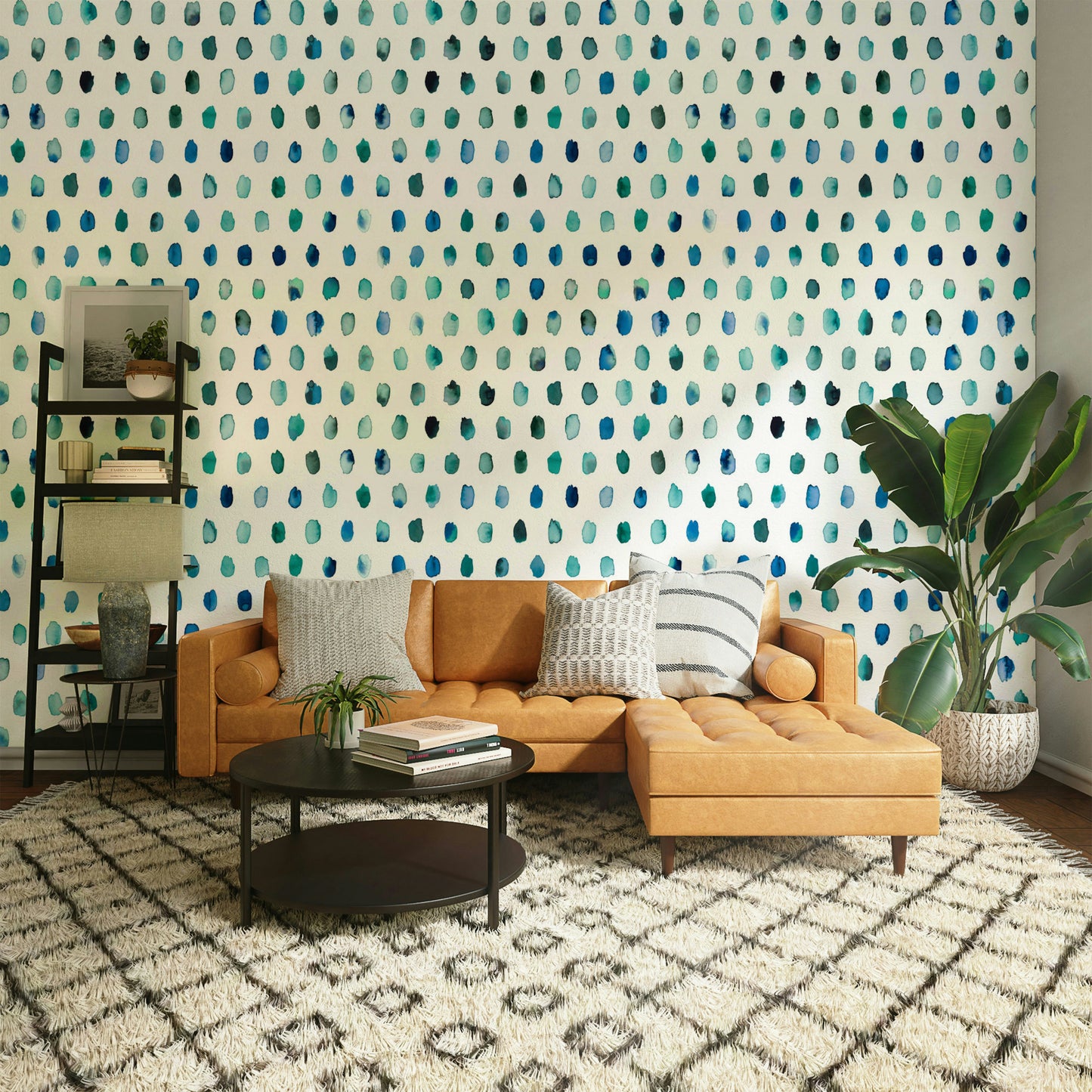 Watercolor dot wallpaper with sky and navy hues.


