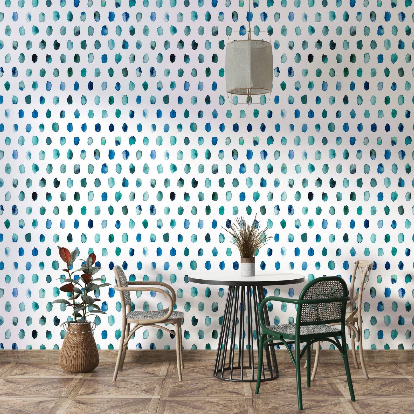 Light blue dot mural with watercolor texture and minimalist design.

