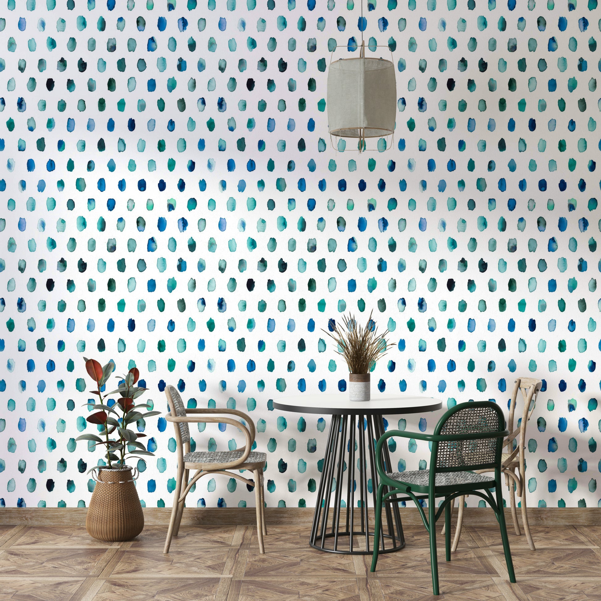 Light blue dot mural with watercolor texture and minimalist design.

