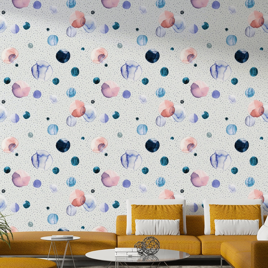 Subtle watercolor dots on a soft background, perfect for bedrooms.

