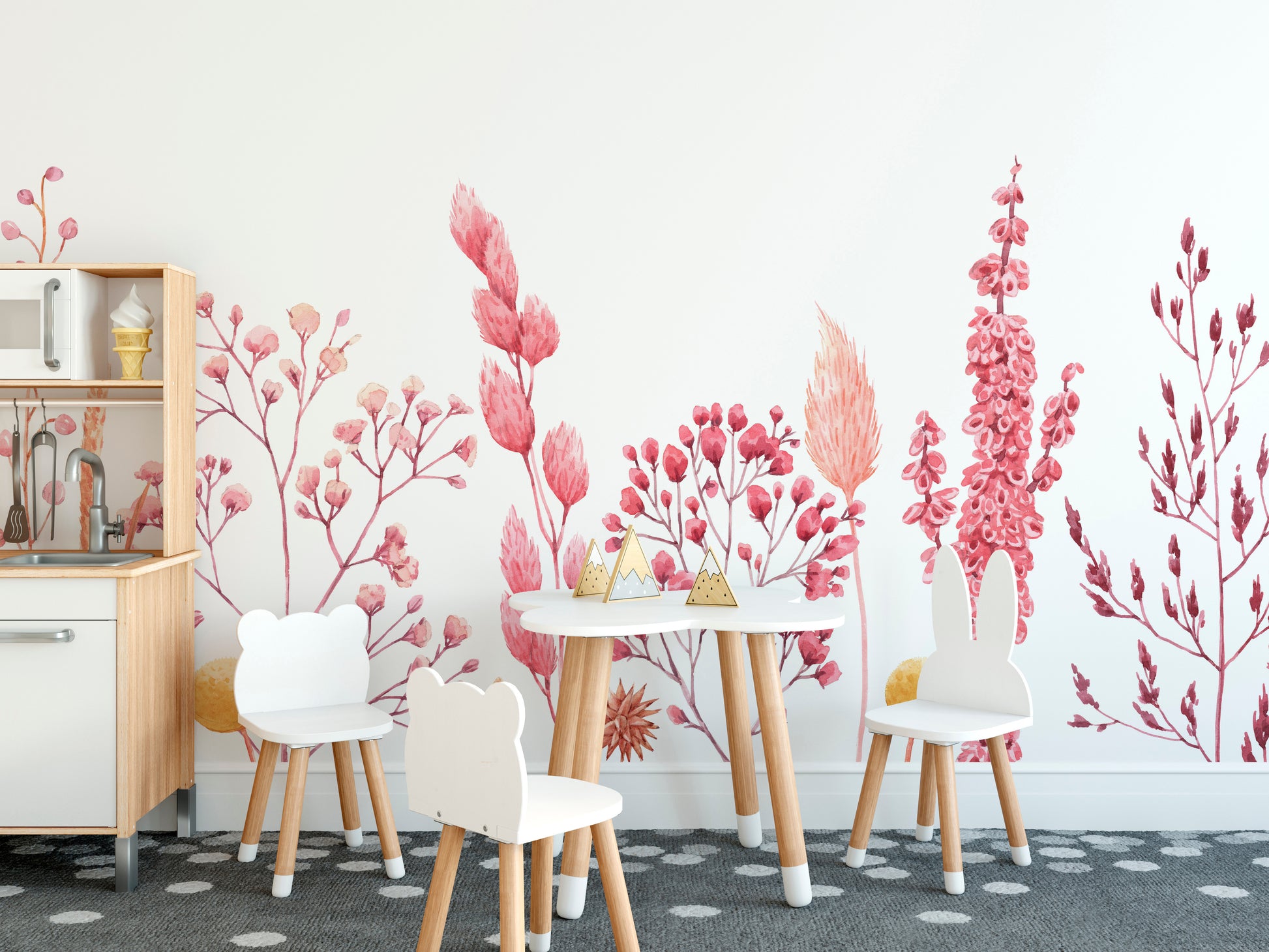Dried flower wallpaper mural in pastel watercolor tones.