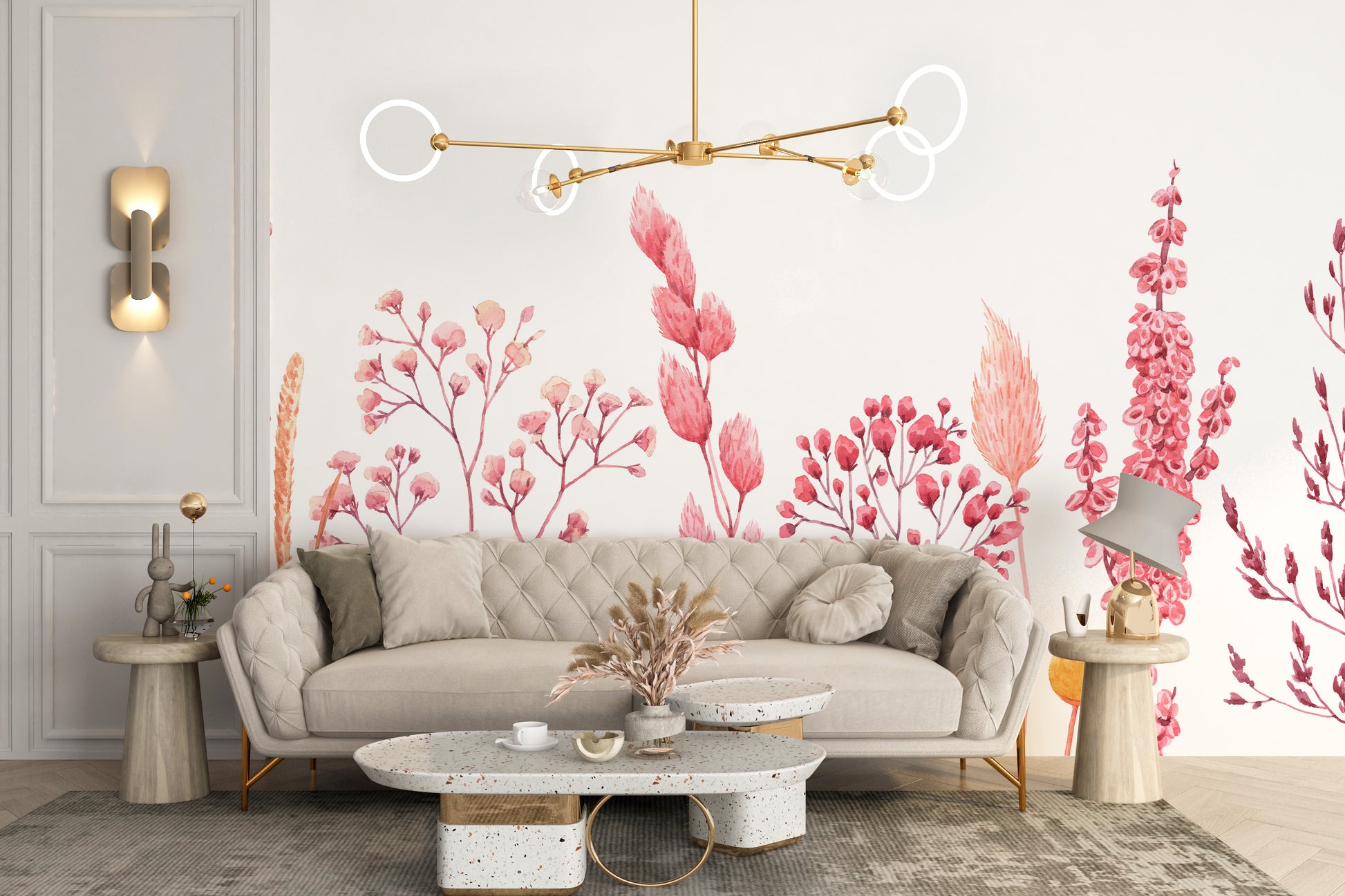 Floral watercolor wallpaper with dried ears and blossoms.