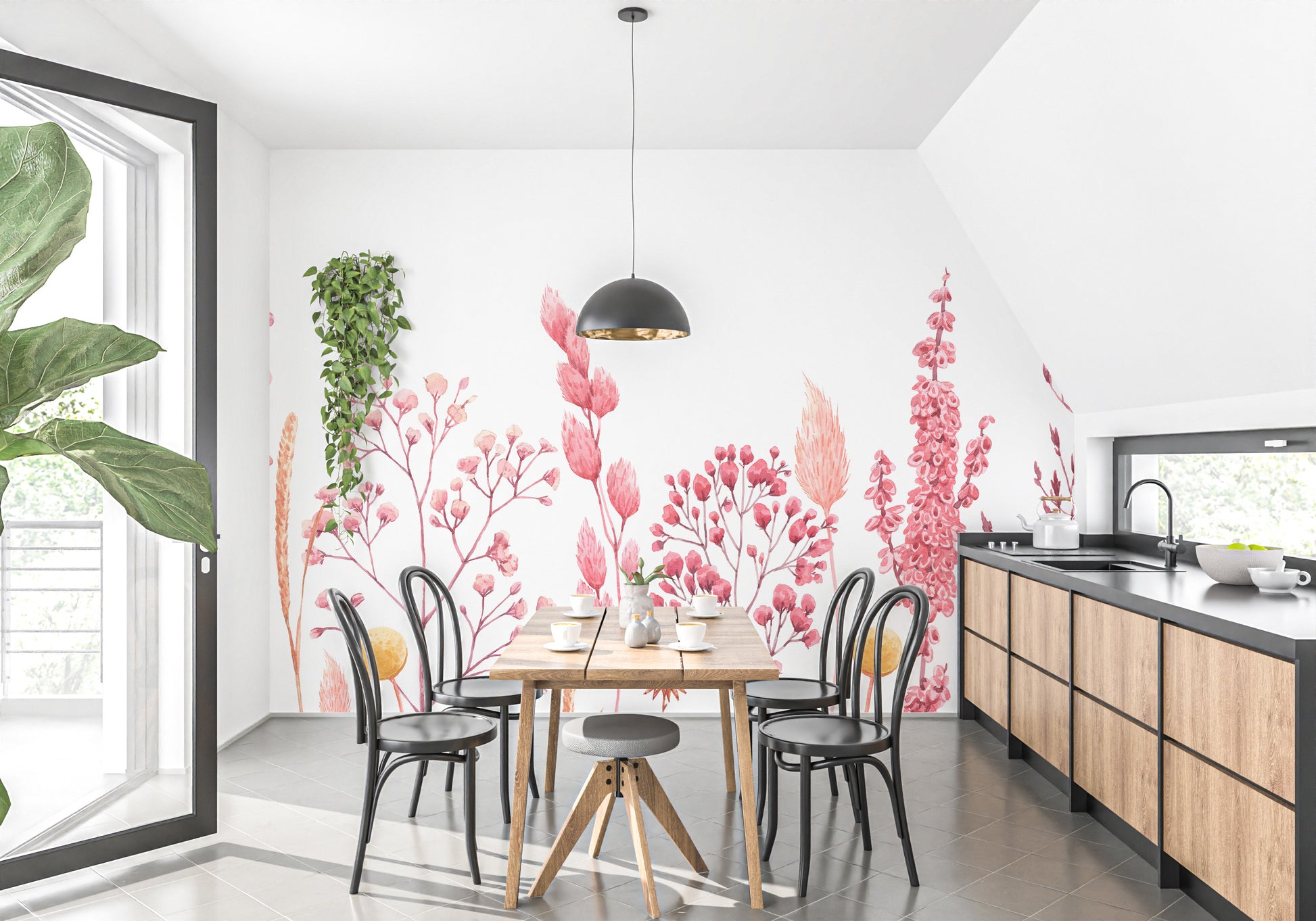 Watercolor wallpaper featuring pink and beige dried flowers.