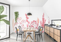 Watercolor wallpaper featuring pink and beige dried flowers.