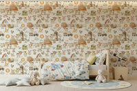 Nursery Watercolor Farm Fun backdrop, friendly pigs and sun motif.