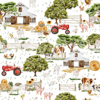 Charming farm mural with sheep, pigs, and goats in bright watercolor art.