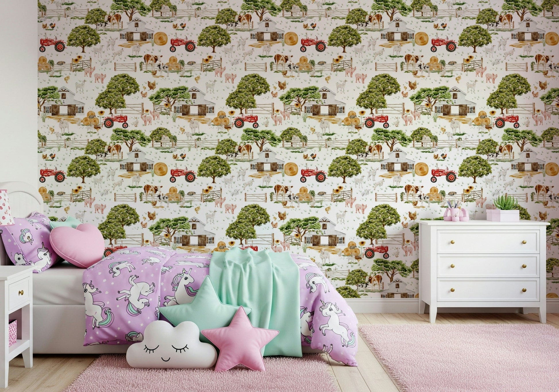 Countryside wallpaper, Watercolor Farm Life, with barnyard geese and ducks.