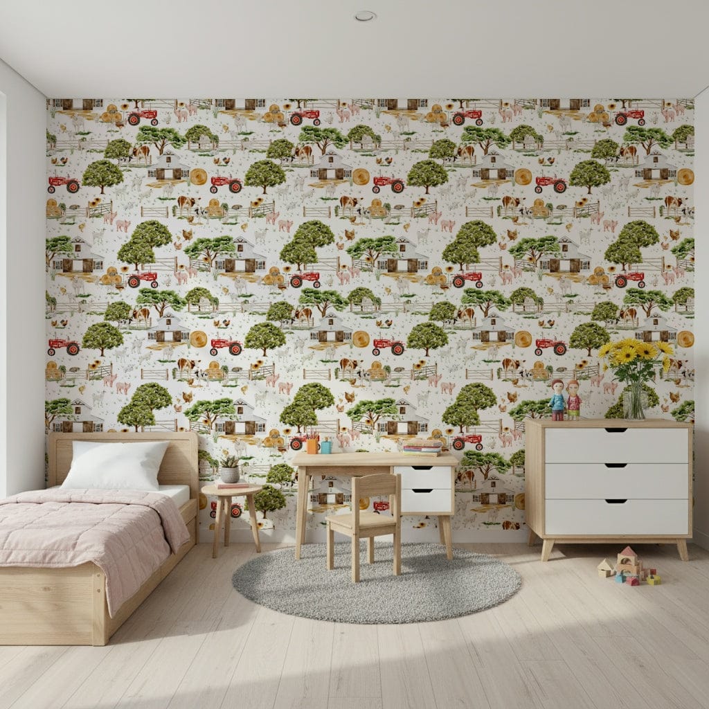 Seamless pattern wall art Watercolor Farm Life with repeating cow and pig.