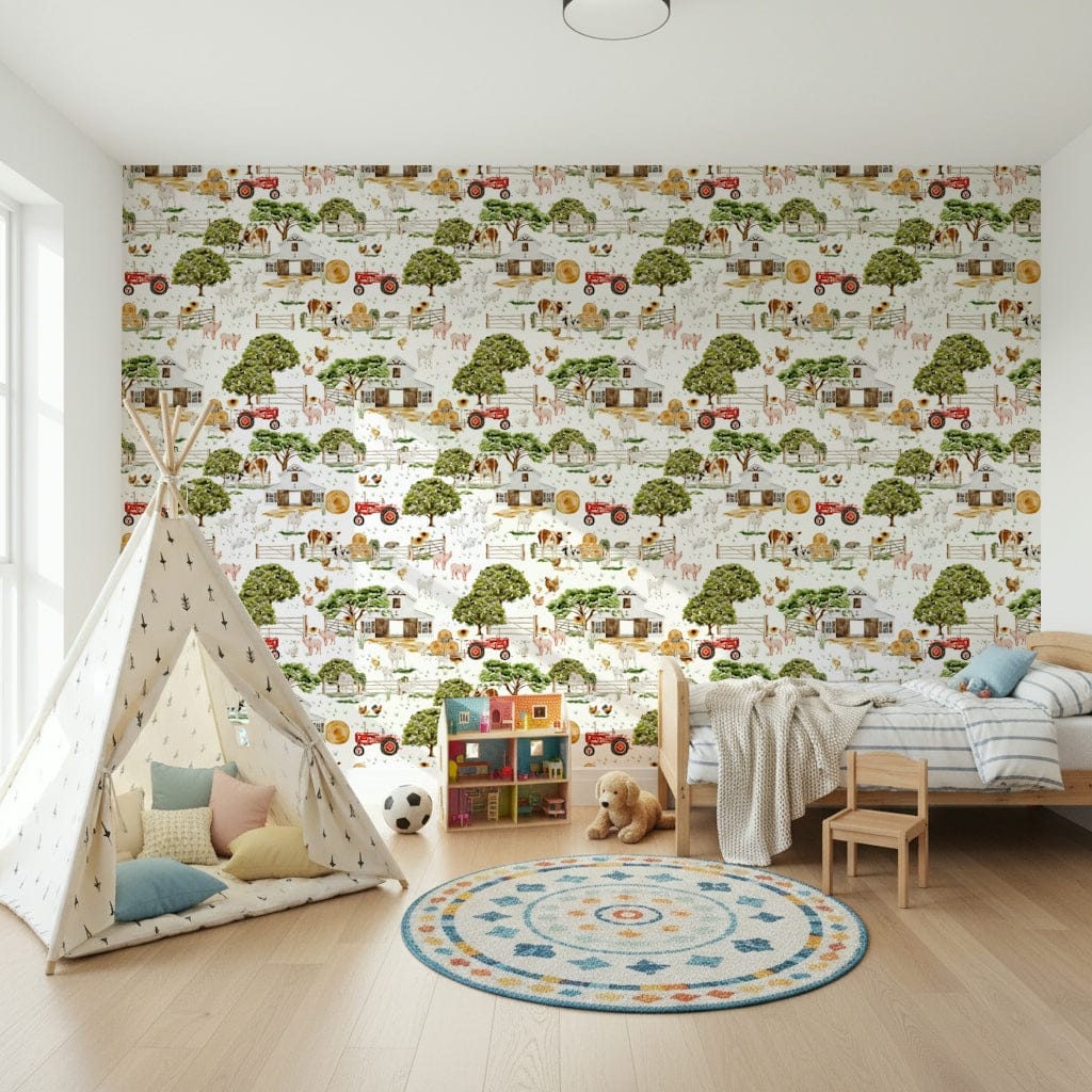 Wall mural Watercolor Farm Life pattern with detailed watercolor illustration.