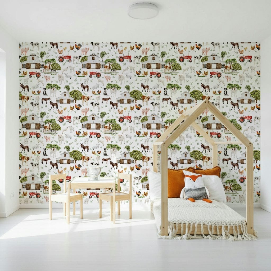 Artistic Watercolor Farm Life wall covering watercolor painting style.