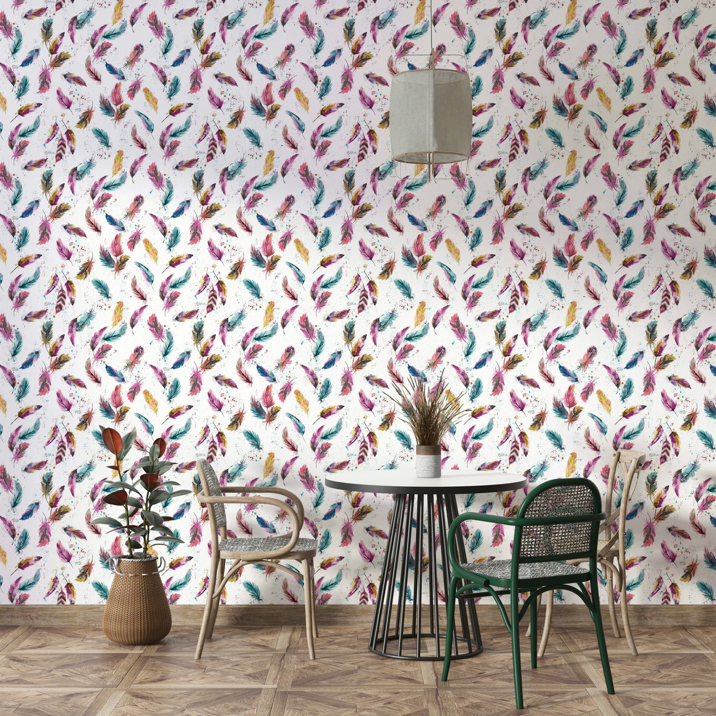 Vibrant feather design wallpaper in pastel shades

