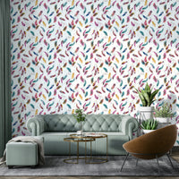 Boho chic wallpaper with soft painted feathers

