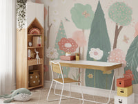 Elegant watercolor floral trees mural for serene wall decor.
