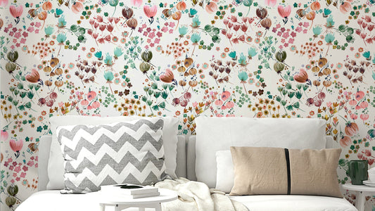 Watercolor Flower Buds Green Orange Wallpaper with delicate blooms.

