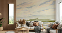 Scenic wall mural featuring Watercolor Hills design with orange foreground bushes.