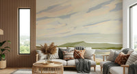 Scenic wall mural featuring Watercolor Hills design with orange foreground bushes.