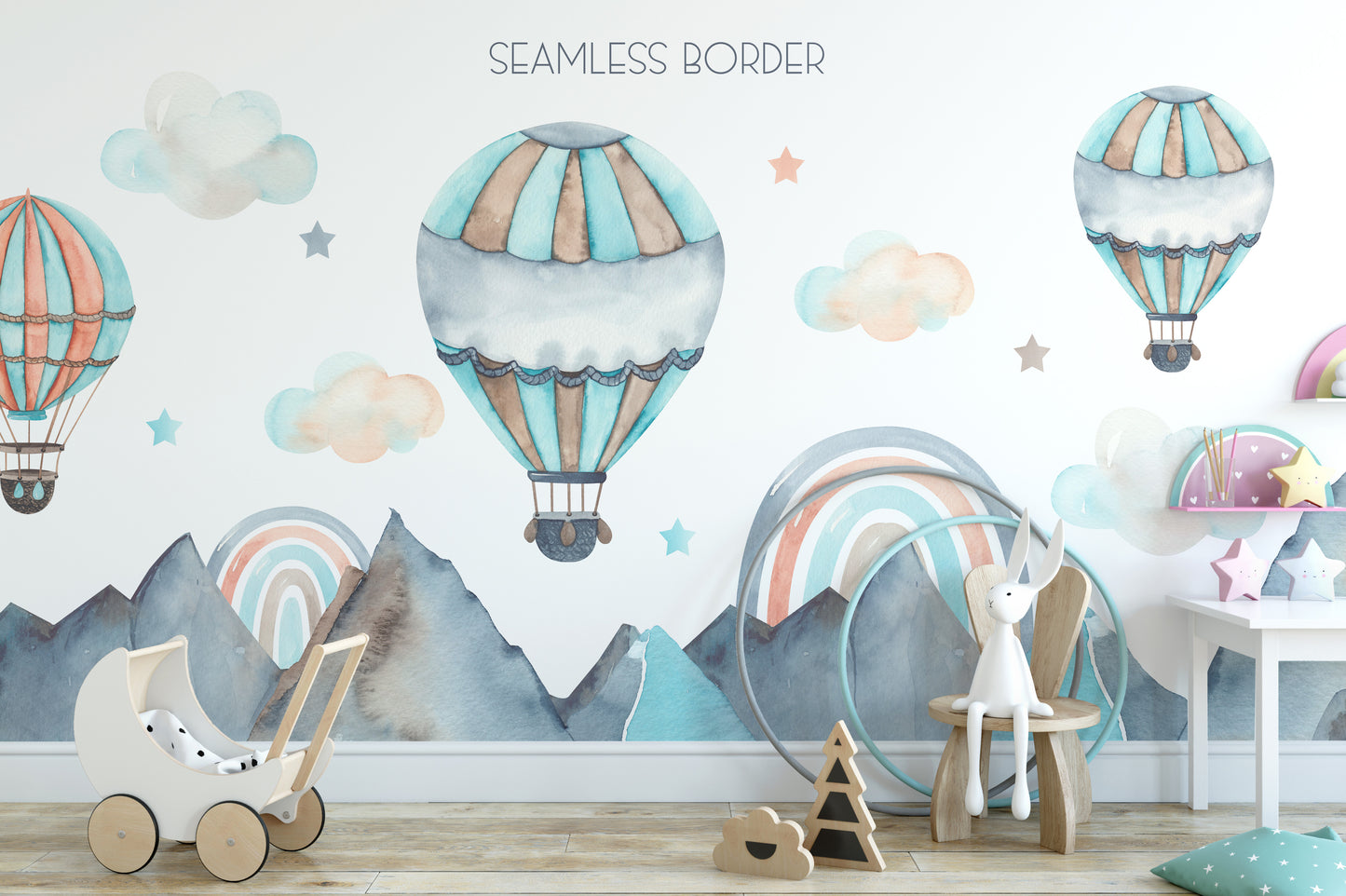 Watercolor hot air balloons mural design