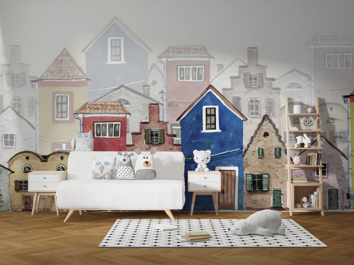 Rustic watercolor houses wallpaper with vintage charm