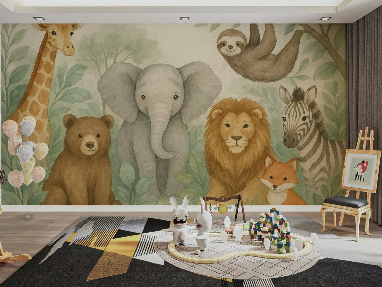 Baby animal mural in leafy tropical setting

