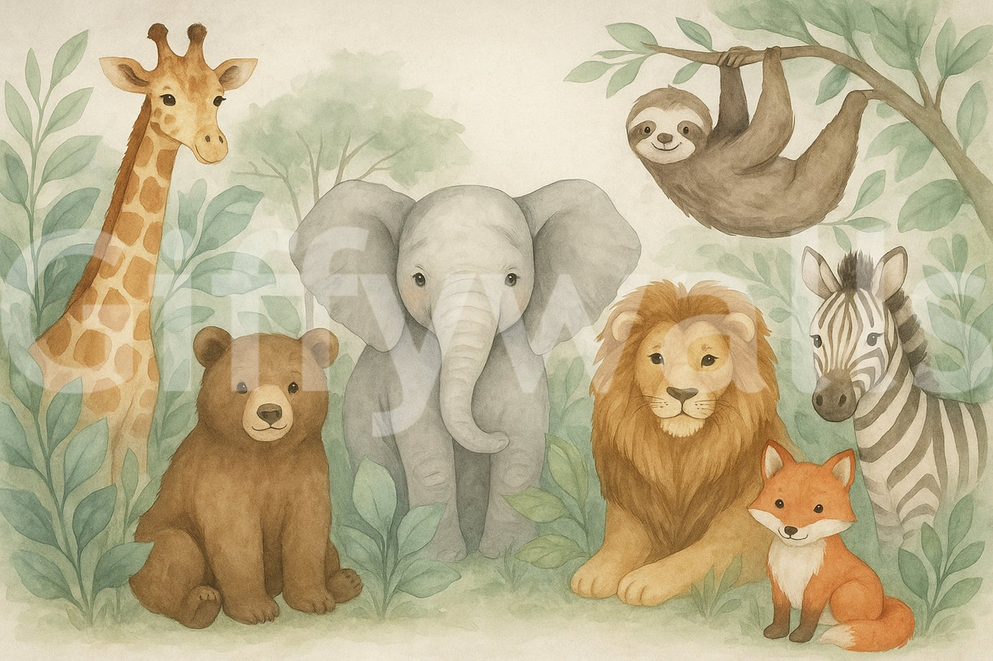 Whimsical nursery wall with safari animals

