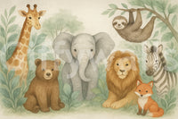 Whimsical nursery wall with safari animals

