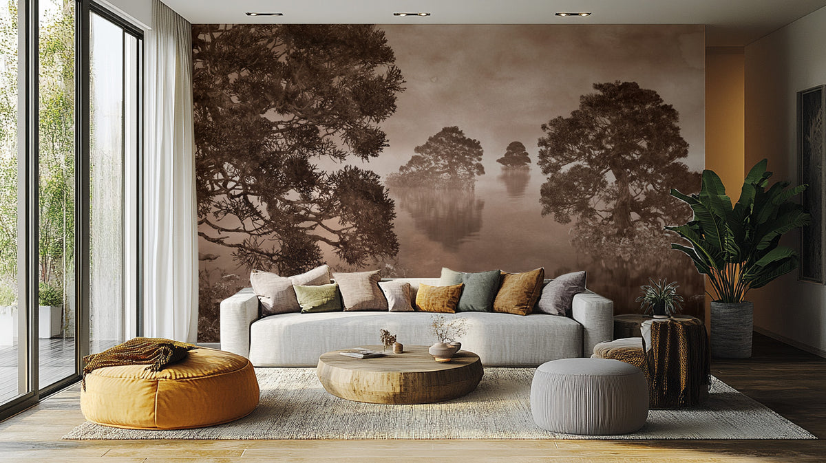 Watercolor Lake Monochrome Ink Sepia wallpaper mural of misty trees over water behind a white sofa and orange pouf