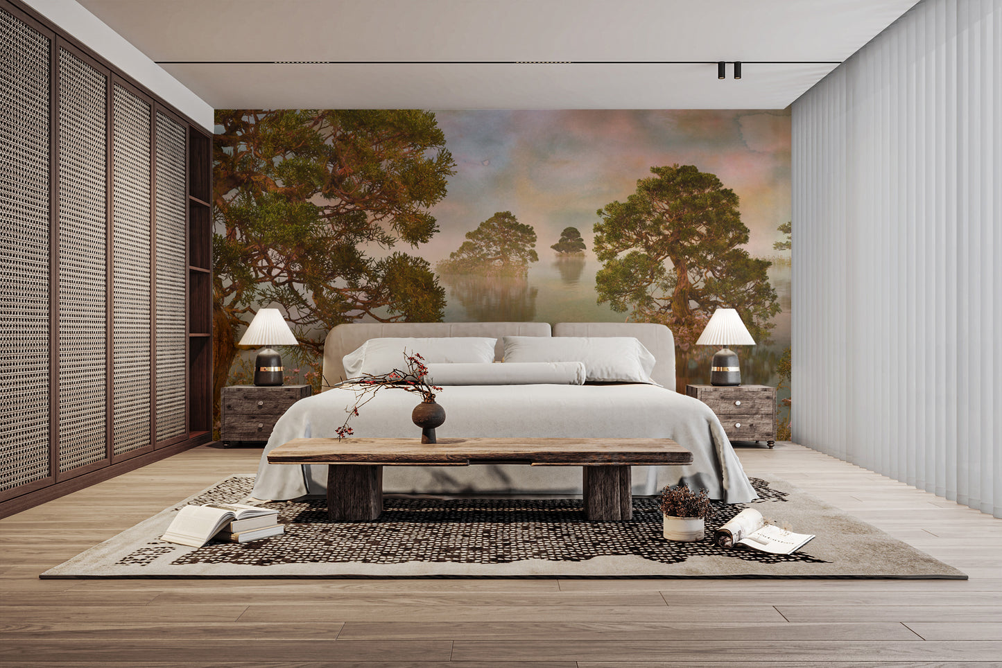 Watercolor Lake Sunset Forest wallpaper mural behind a white bed with rattan wardrobes in a bedroom