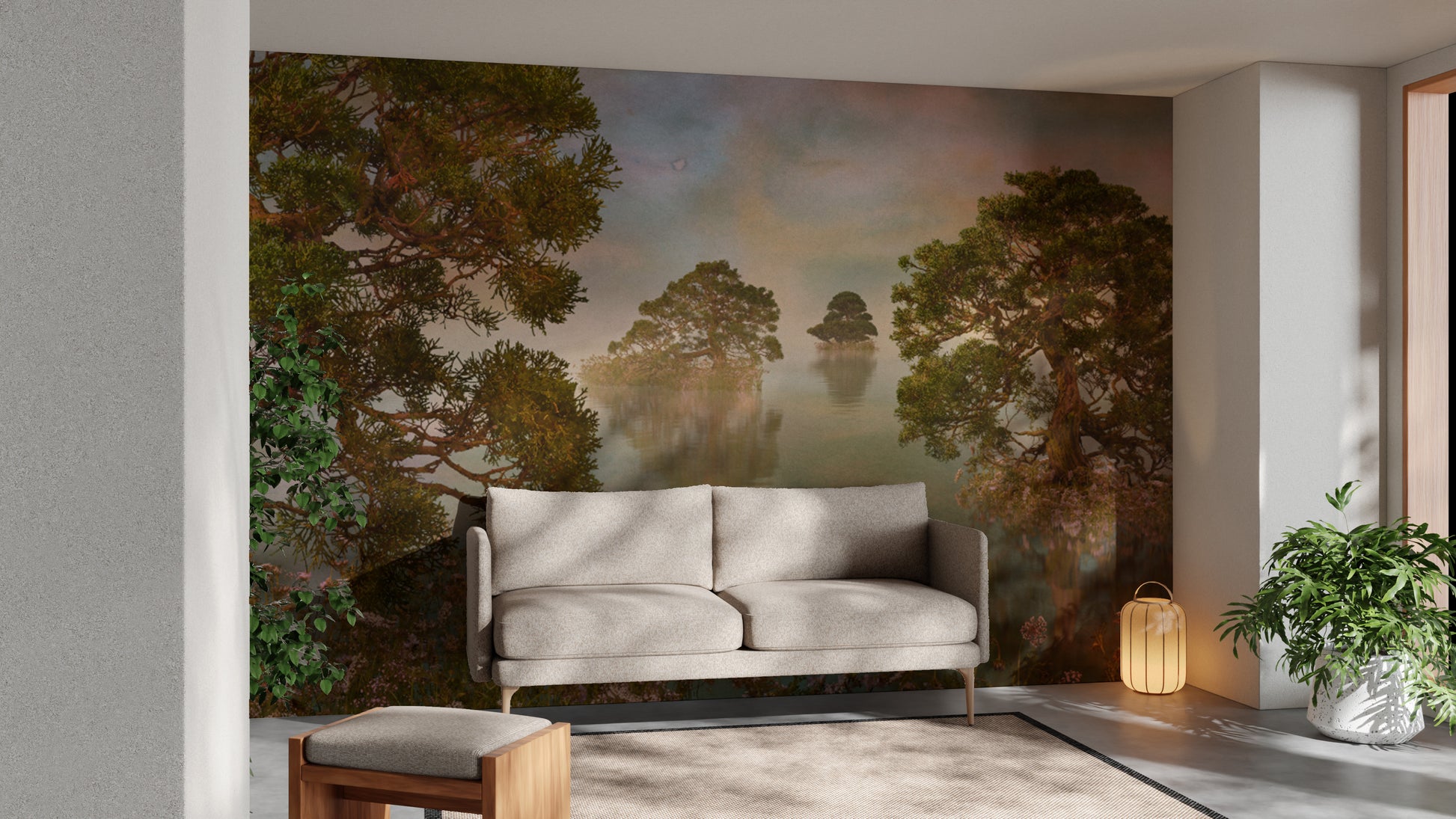 Watercolor Lake Sunset Forest wallpaper mural of a misty lake behind a beige sofa in a living room