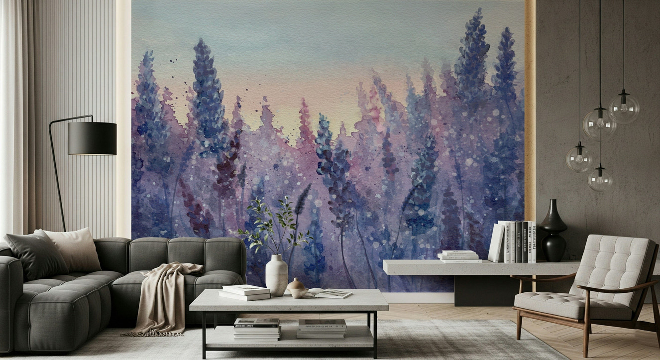 A beautiful watercolor lavender field wallpaper mural for a modern home.

