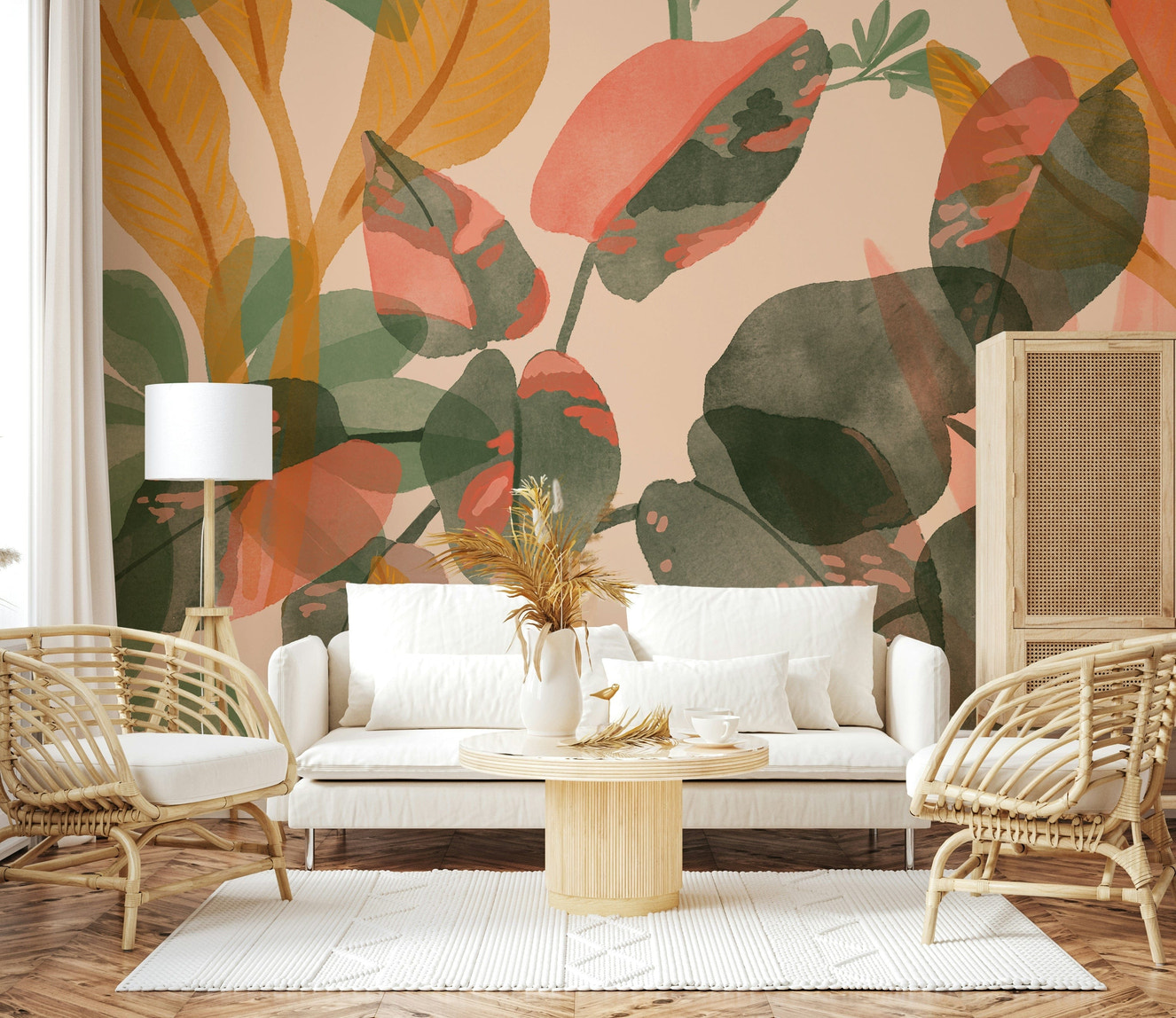 A beautiful watercolor leaf wallpaper mural for a modern home.