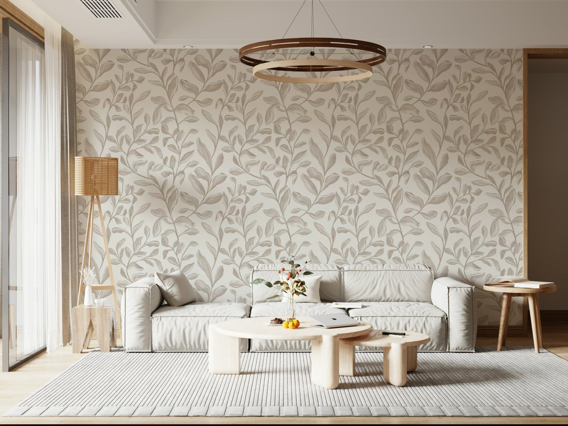 Boho Watercolor Leaves peel and stick wallpaper textured look.