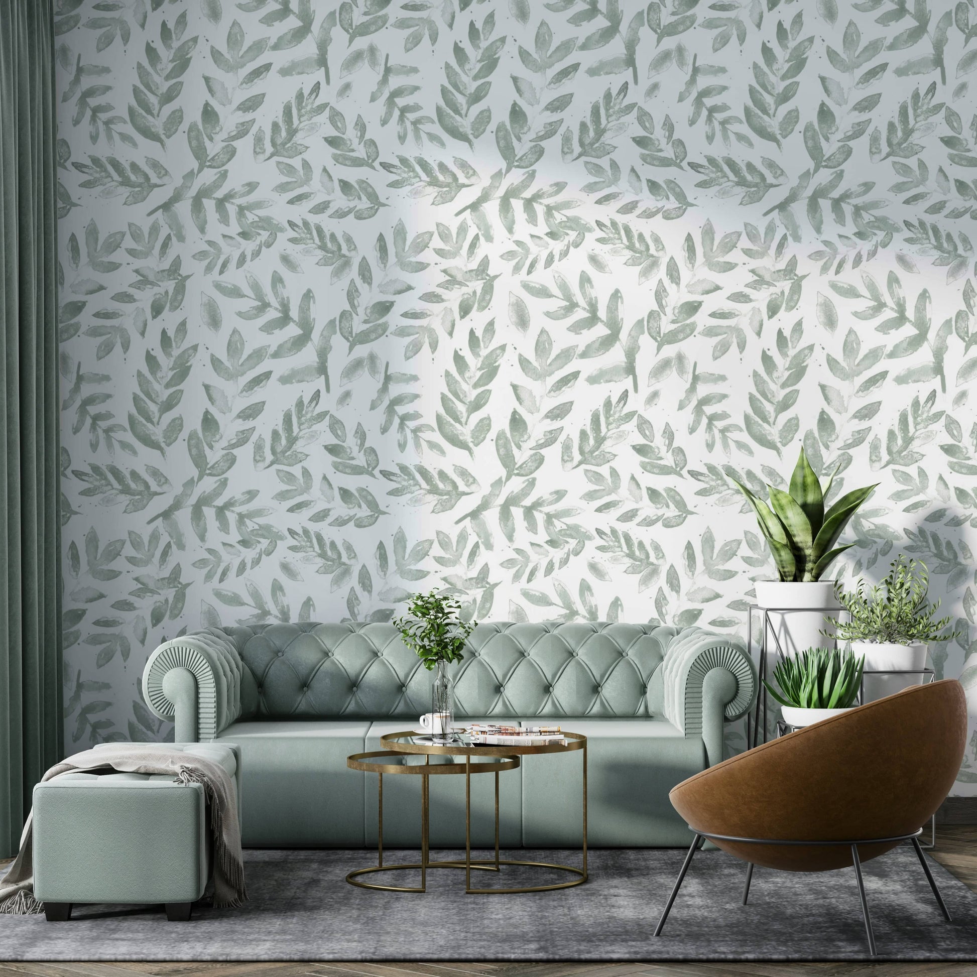The Bright Watercolor Botanical Wallpaper on a feature wall.
